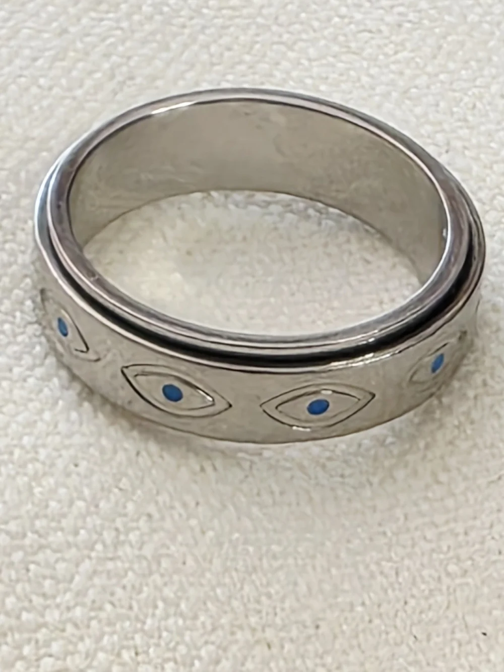Silver Evil Eye Fidget Band Ring with Blue Accents Spinner 7.75
